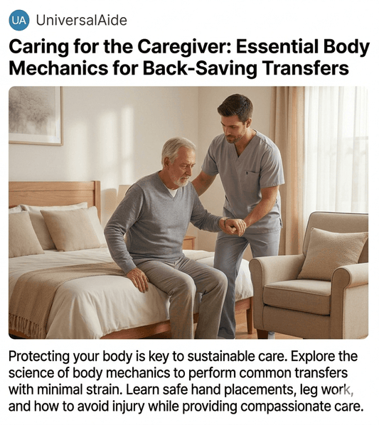 A caregiver, in blue scrubs, safely and gently assisting an older woman in a sling with a hydraulic patient lift in a warm, comfortable home bedroom