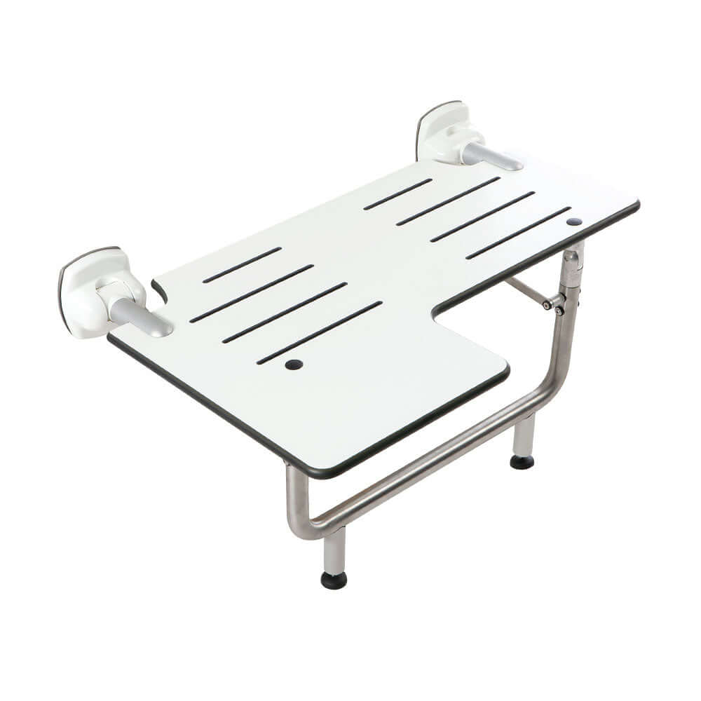 Ponte Giulio 31.5" Reversible L-Shaped Commercial HPL Folding Shower Seat with Legs - G55JDS35 (551 lb Capacity, ADA Compliant)