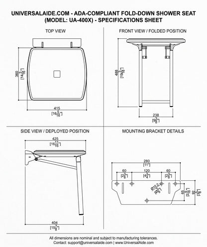 Ponte Giulio 16" x 16" Folding Shower Seat with Folding Legs - G27JDS44 (551 lb Capacity, ADA Compliant)